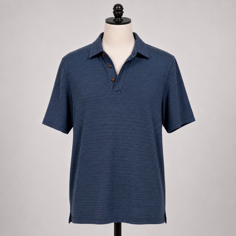 NEW Royal Robbins Mens Vacationer Polo Shirt Navy Blue Striped Hemp Cotton M